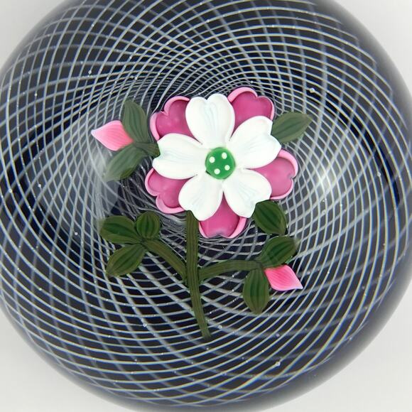 Perthshire 1991E Pink and White Rose Lampwork Flower Latticinio Dome Paperweight - Picture 5 of 13